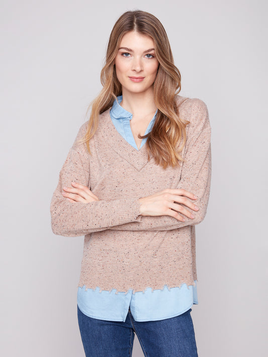 Charlie B V-Neck Fooler Sweater Oat