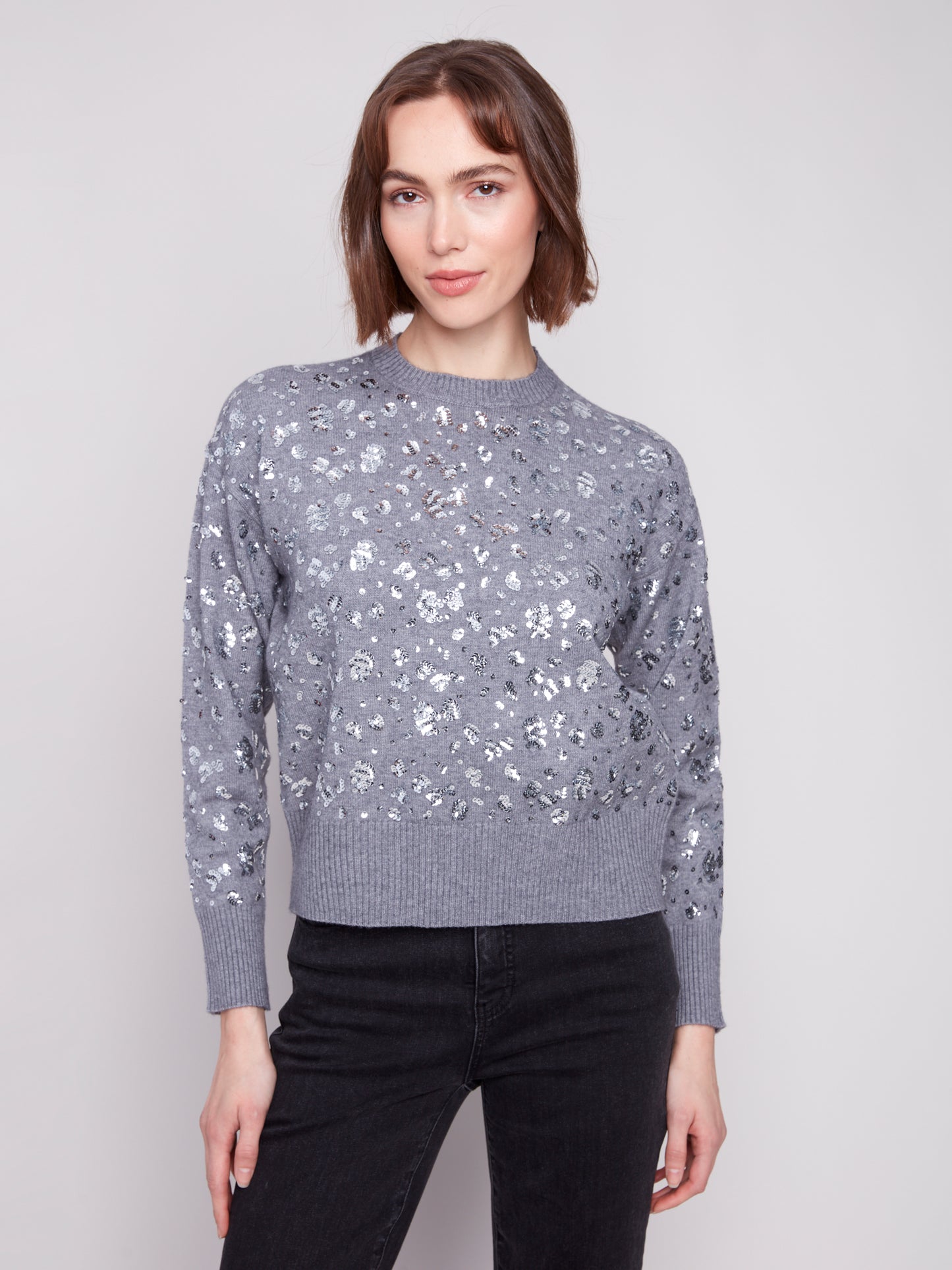 Charlie B Sequin Crew Neck Sweater -  Dark Heather Grey
