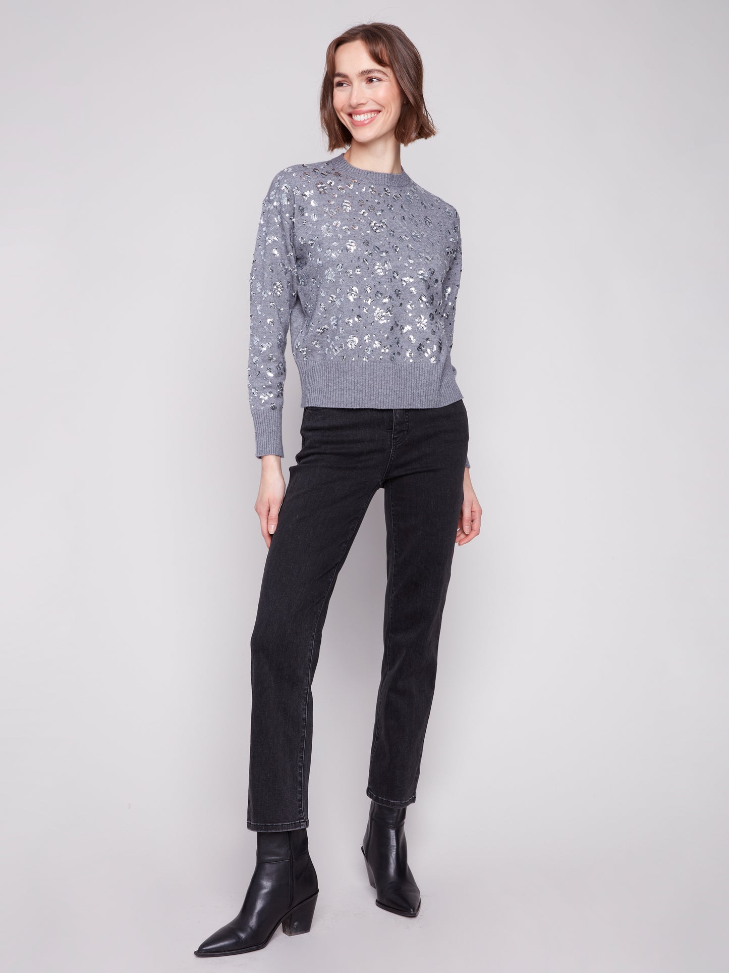 Charlie B Sequin Crew Neck Sweater -  Dark Heather Grey