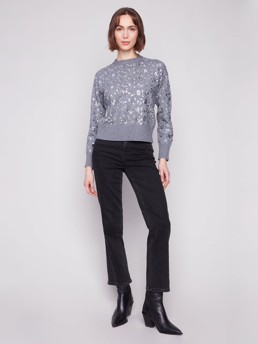 Charlie B Sequined Crew Neck Sweater -  Dark Heather Grey