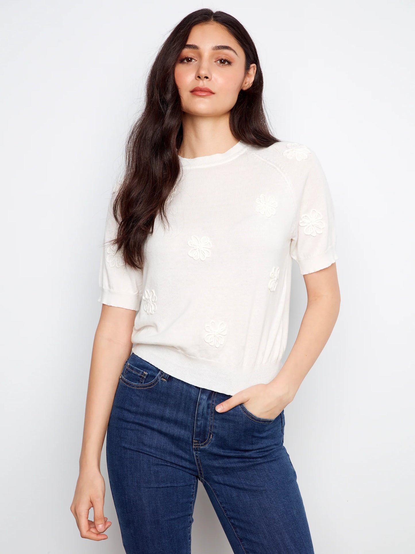 Charlie B Raglan Elbow Sleeve Sweater Flowers Soutache - White