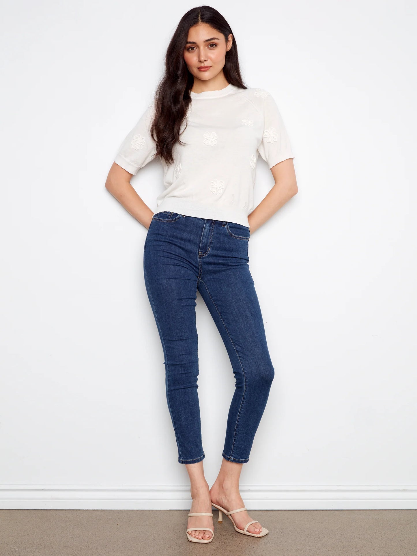 Charlie B Raglan Elbow Sleeve Sweater Flowers Soutache - White