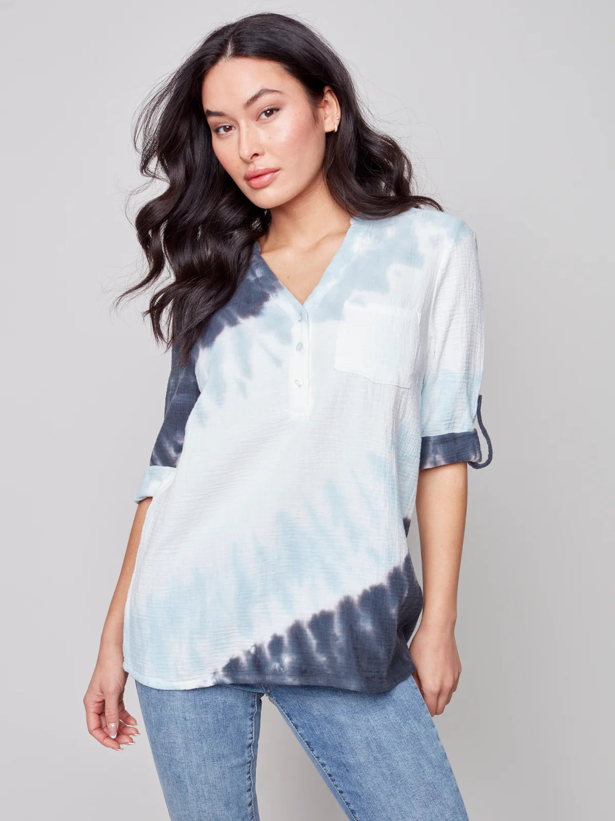 Charlie B 3/4 Tie-Dye Half-Button Bubble Cotton Blouse Top-Azul