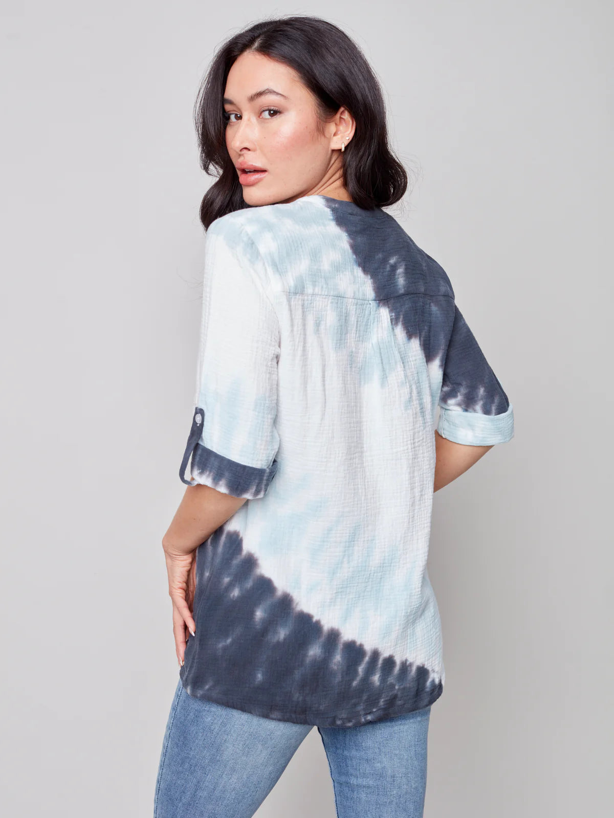 Charlie B 3/4 Tie-Dye Half-Button Bubble Cotton Blouse Top-Azul