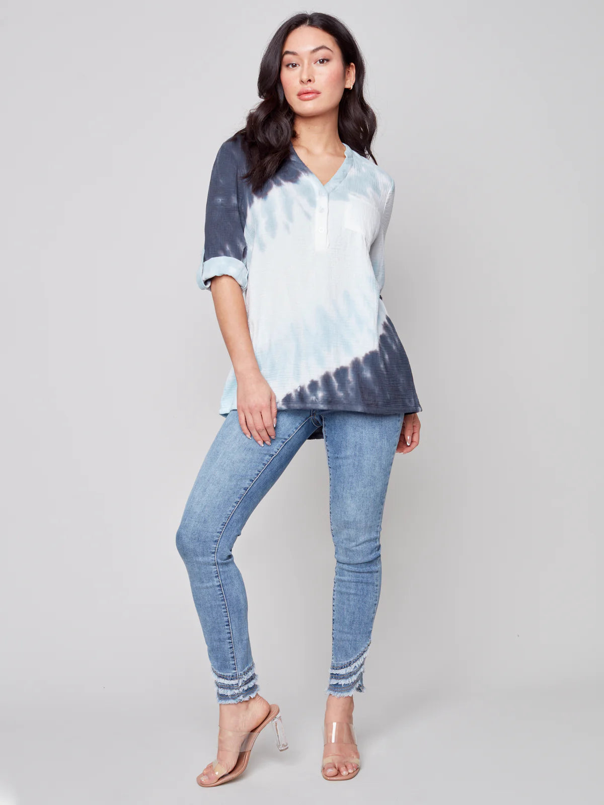 Charlie B 3/4 Tie-Dye Half-Button Bubble Cotton Blouse Top-Azul