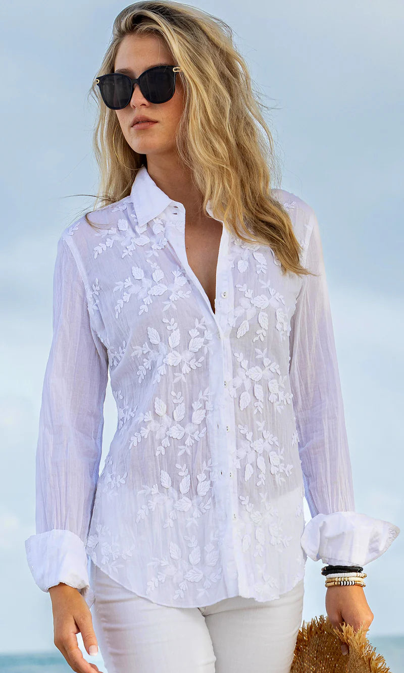 Cino Etienne White Embroidered Button Down Shirt