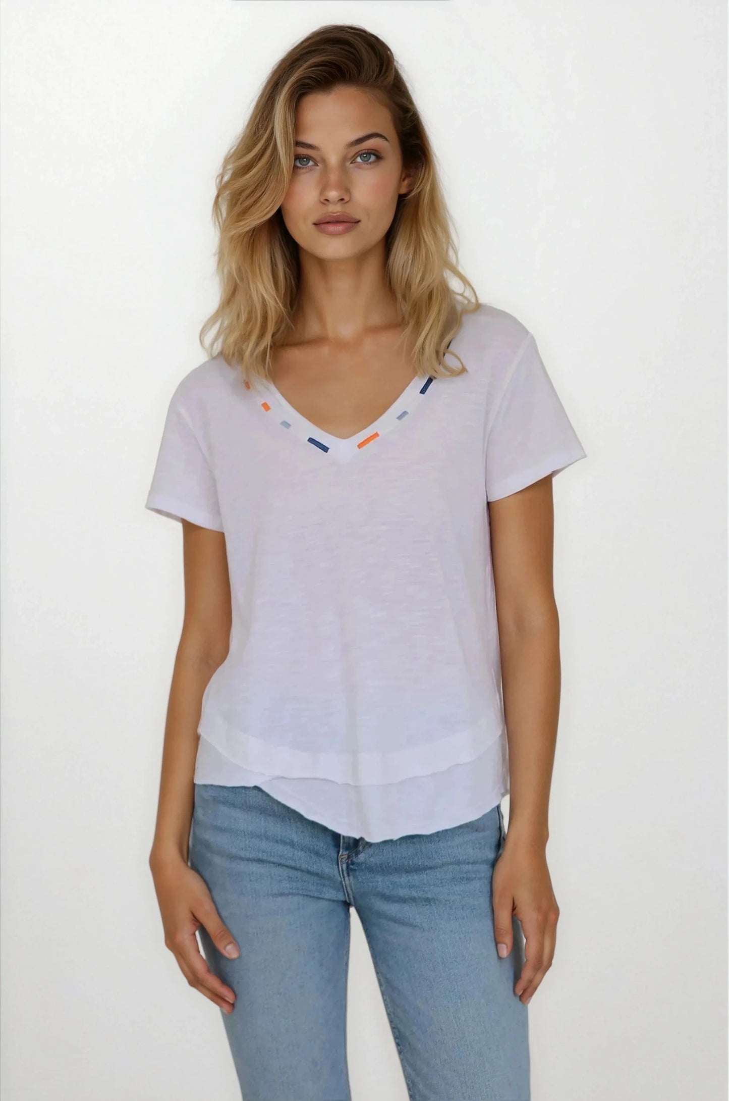 CHRLDR Embroidered Ava V-Neck Mock Layer T-Shirt White