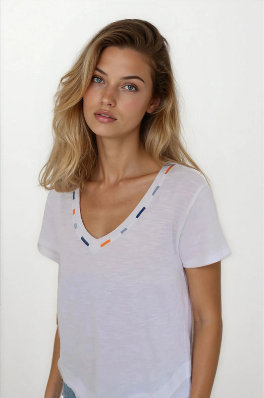 CHRLDR Embroidered Ava V-Neck Mock Layer T-Shirt White