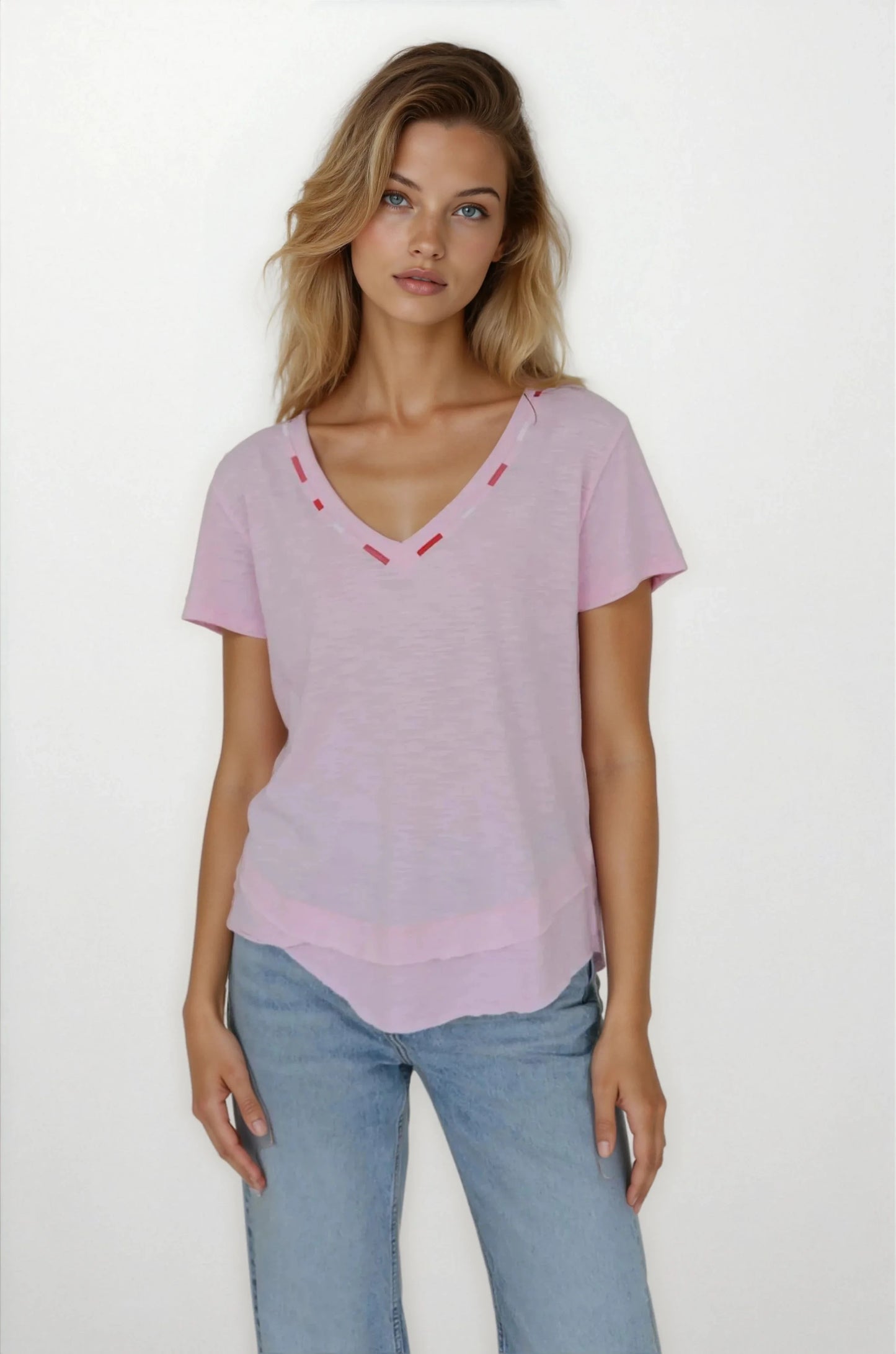 CHRLDR Embroidered Ava V-Neck Mock Layer T-Shirt Candy Pink