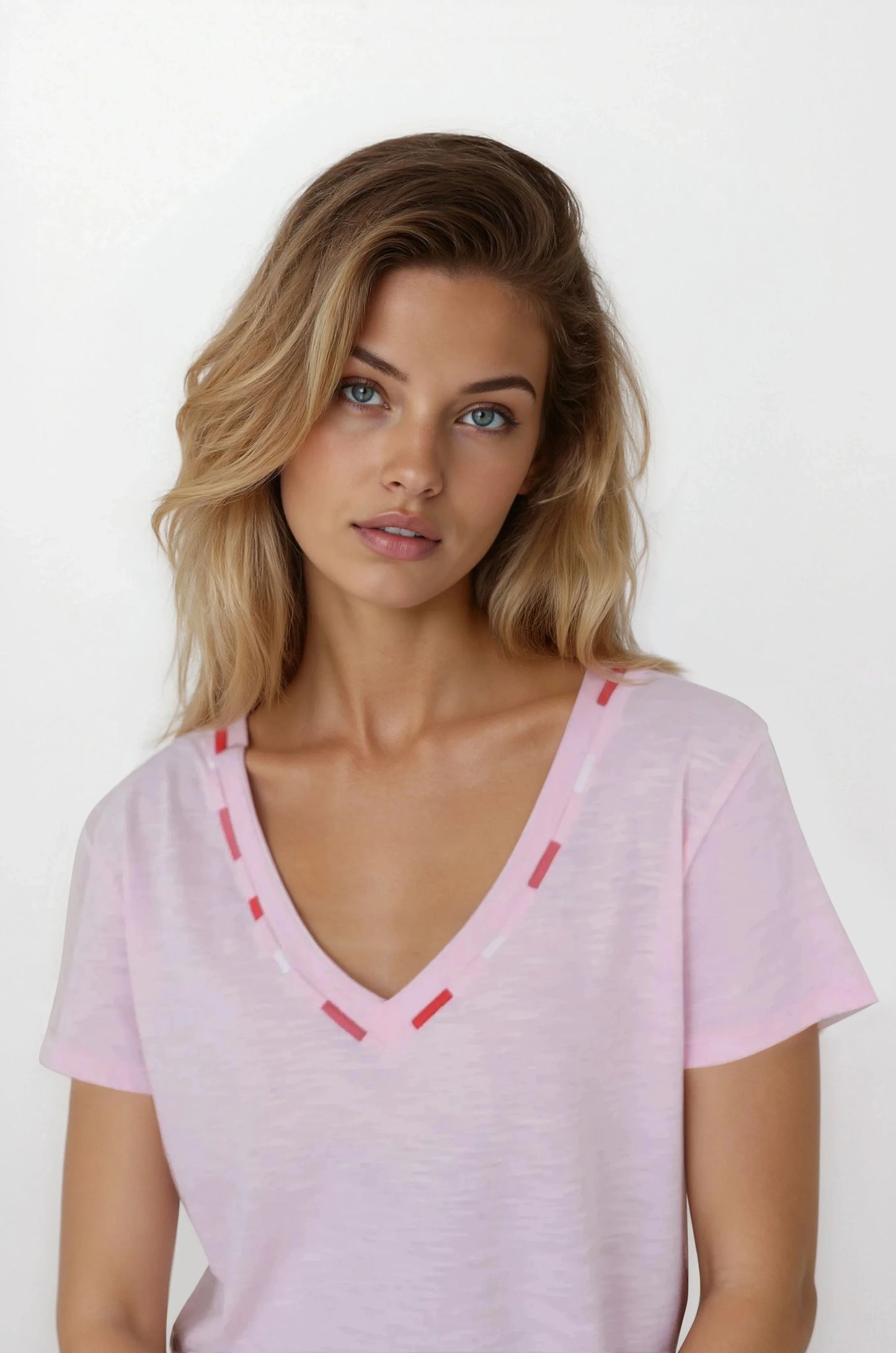 CHRLDR Embroidered Ava V-Neck Mock Layer T-Shirt Candy Pink