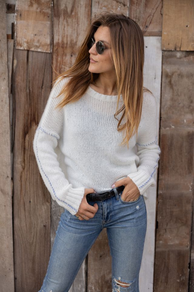 Wooden Ships Topstitch Chunky Crew Sweater - Pure Snow/Scandia Blue