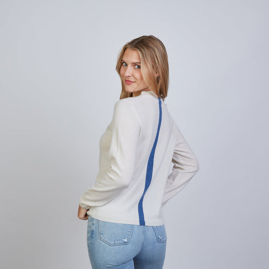 Erin Gray Highland Stripe 100% Mongolian Cashmere Sweater Ivory/Blue