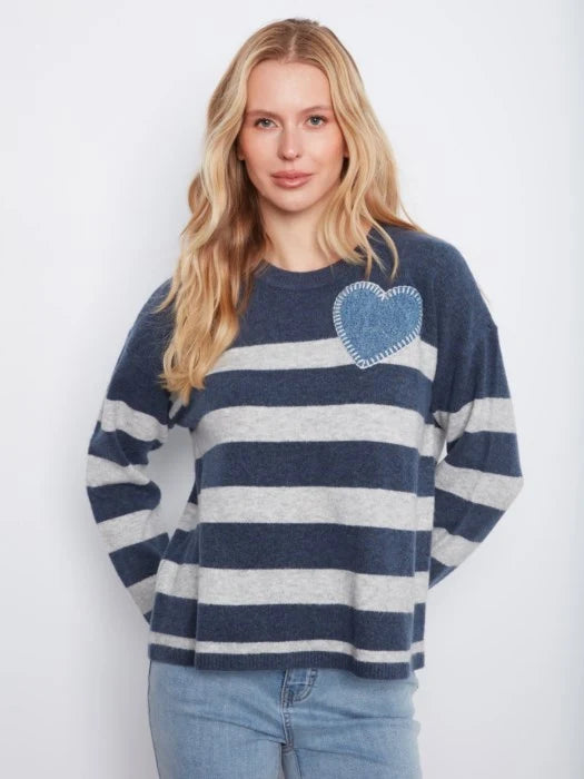 Charlie B Stripe Crew Neck Sweater Heart Patch