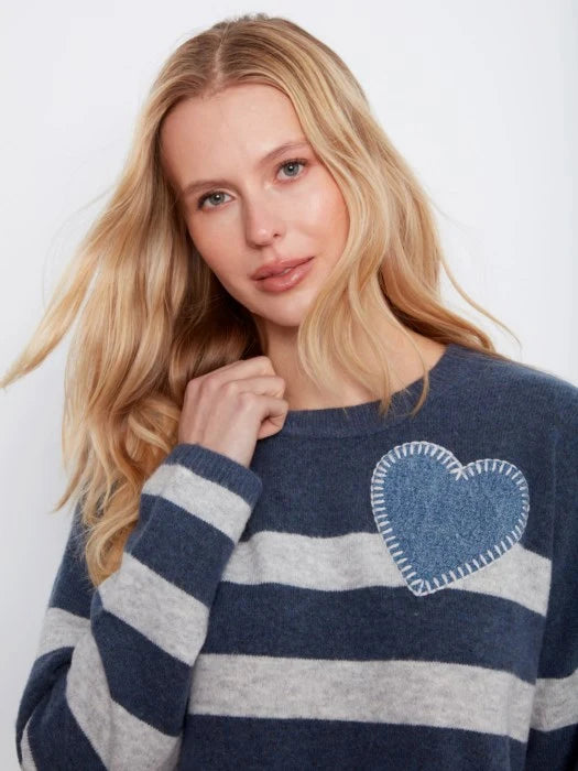 Charlie B Stripe Crew Neck Sweater Heart Patch