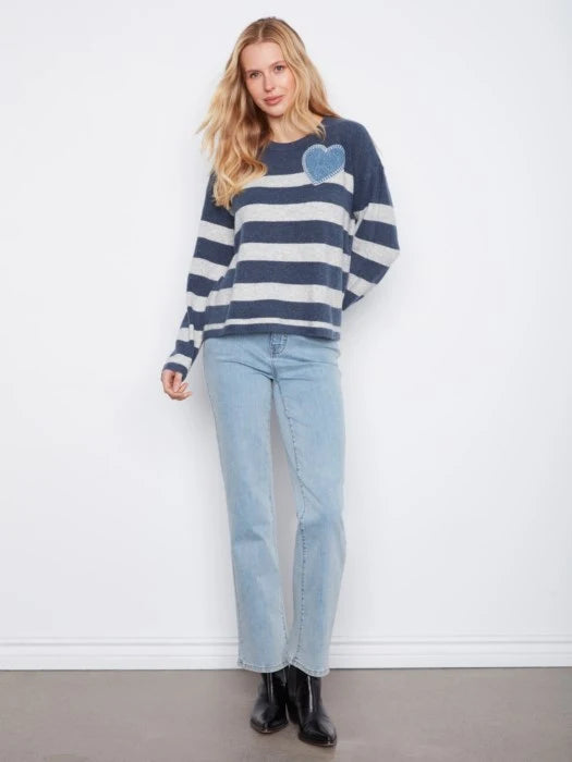 Charlie B Stripe Crew Neck Sweater Heart Patch