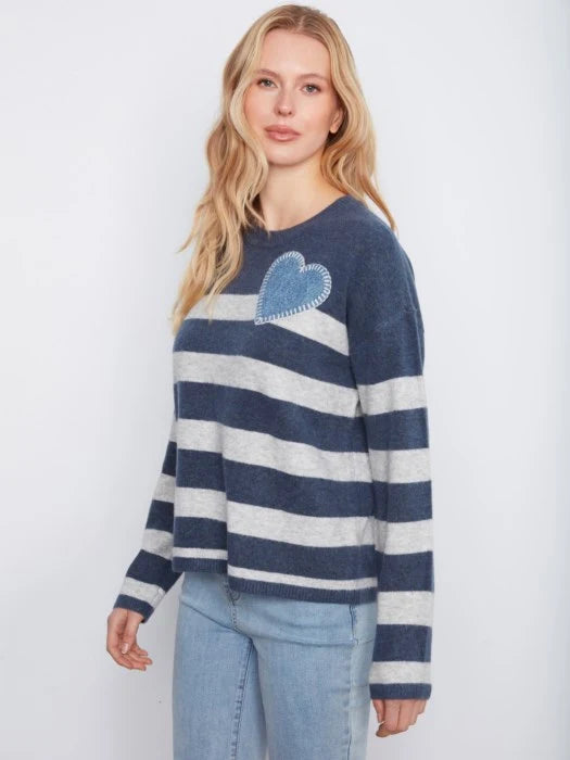 Charlie B Stripe Crew Neck Sweater Heart Patch