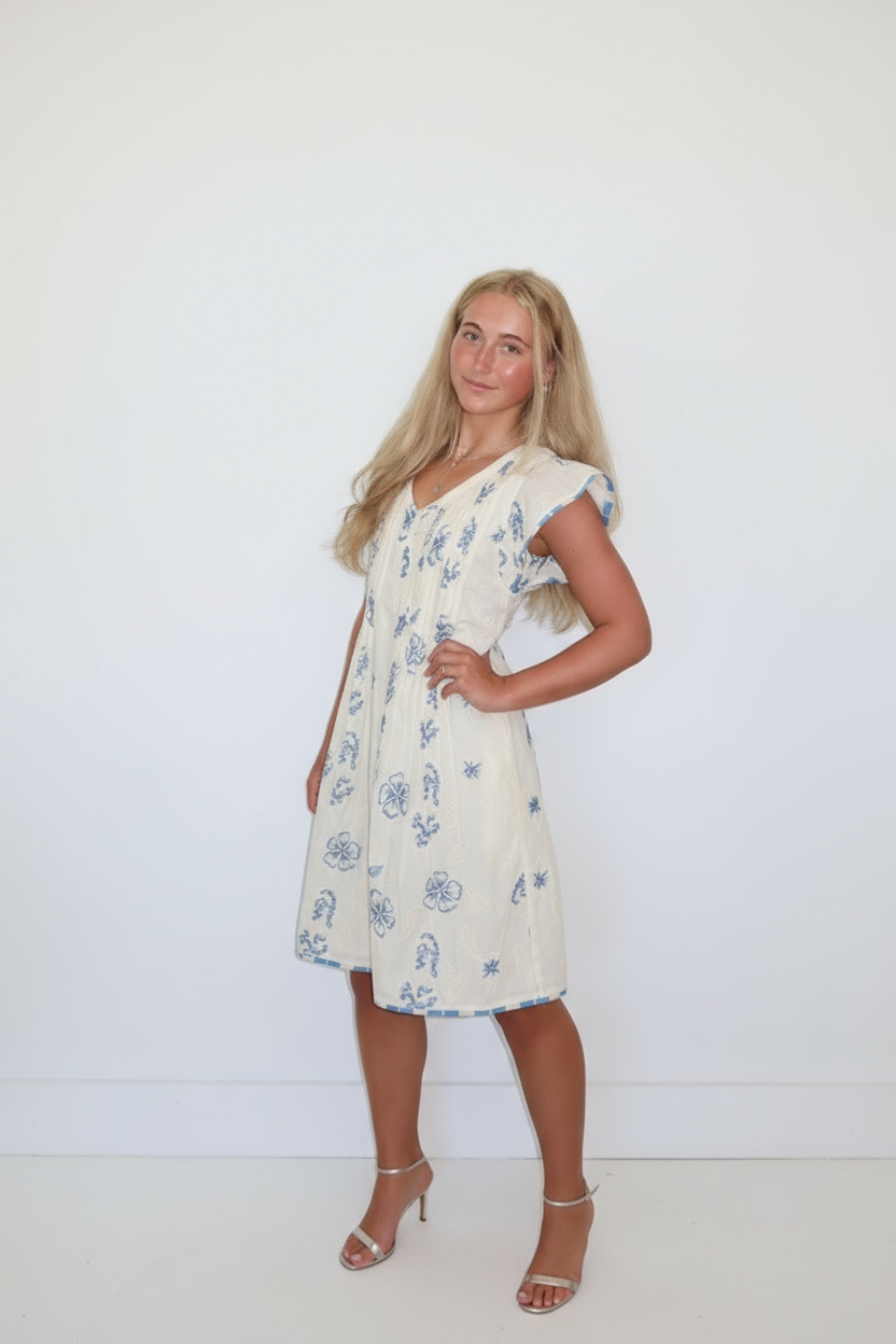 Nibi MTK Doris Mini Dress - Salt Air Embroidery