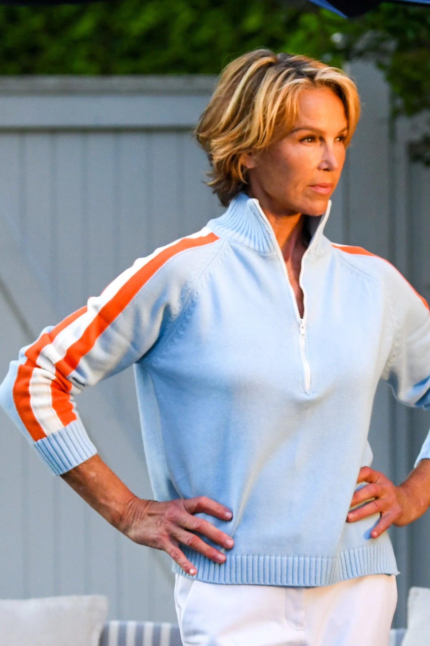 Walker & Wade Striped Half Zip Sweater Sky Blue/Orange