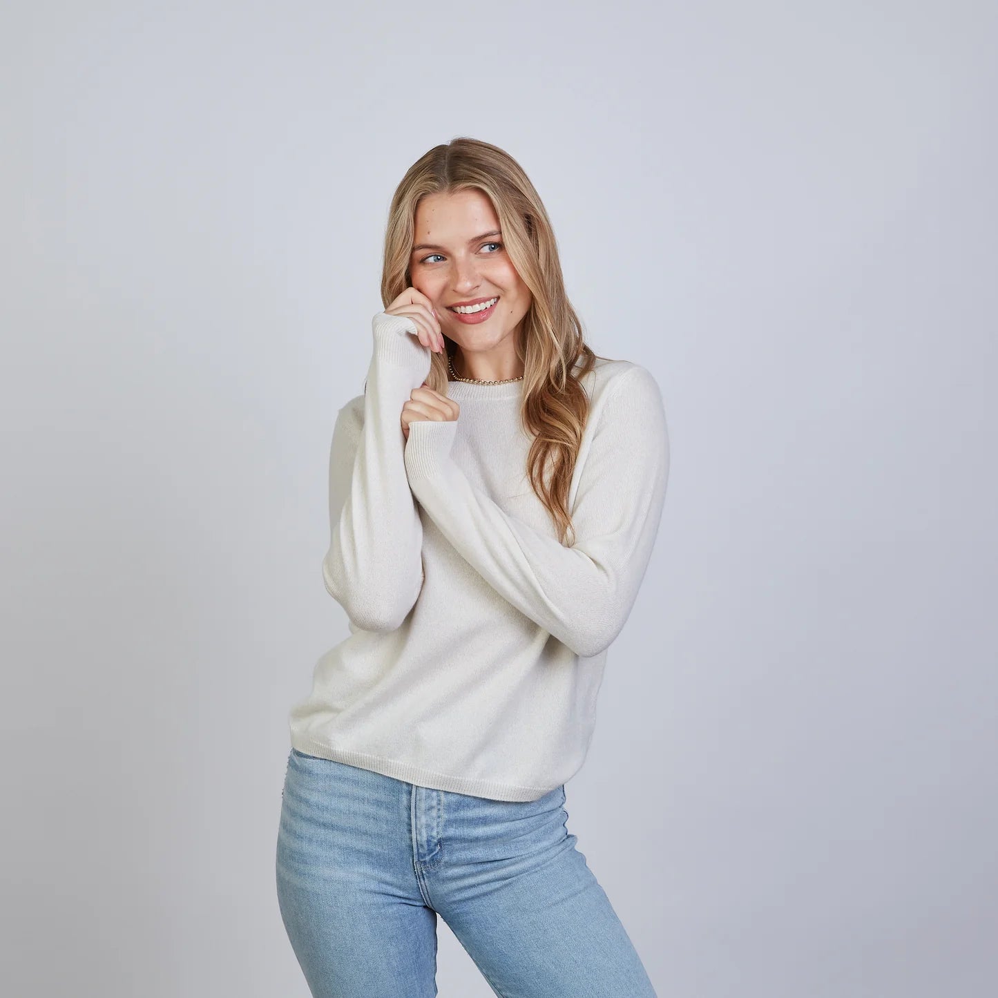 Erin Gray Highland Stripe 100% Mongolian Cashmere Sweater Ivory/Blue