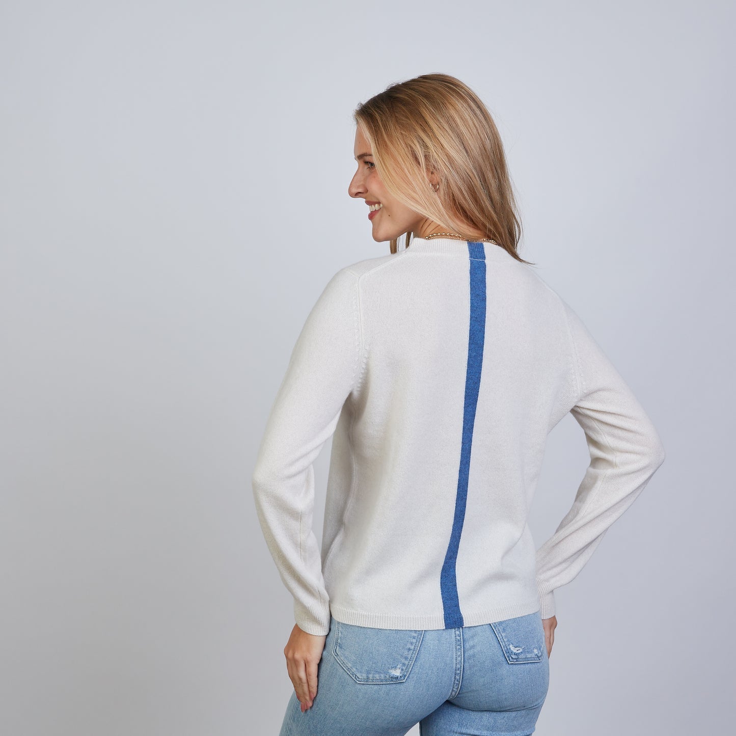 Erin Gray Highland Stripe 100% Mongolian Cashmere Sweater Ivory/Blue