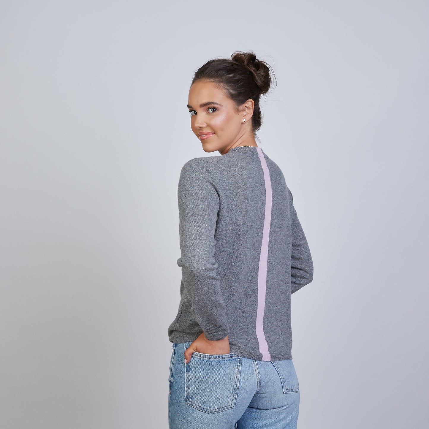 Erin Gray Highland Stripe 100% Mongolian Cashmere Sweater Gray/Lilac