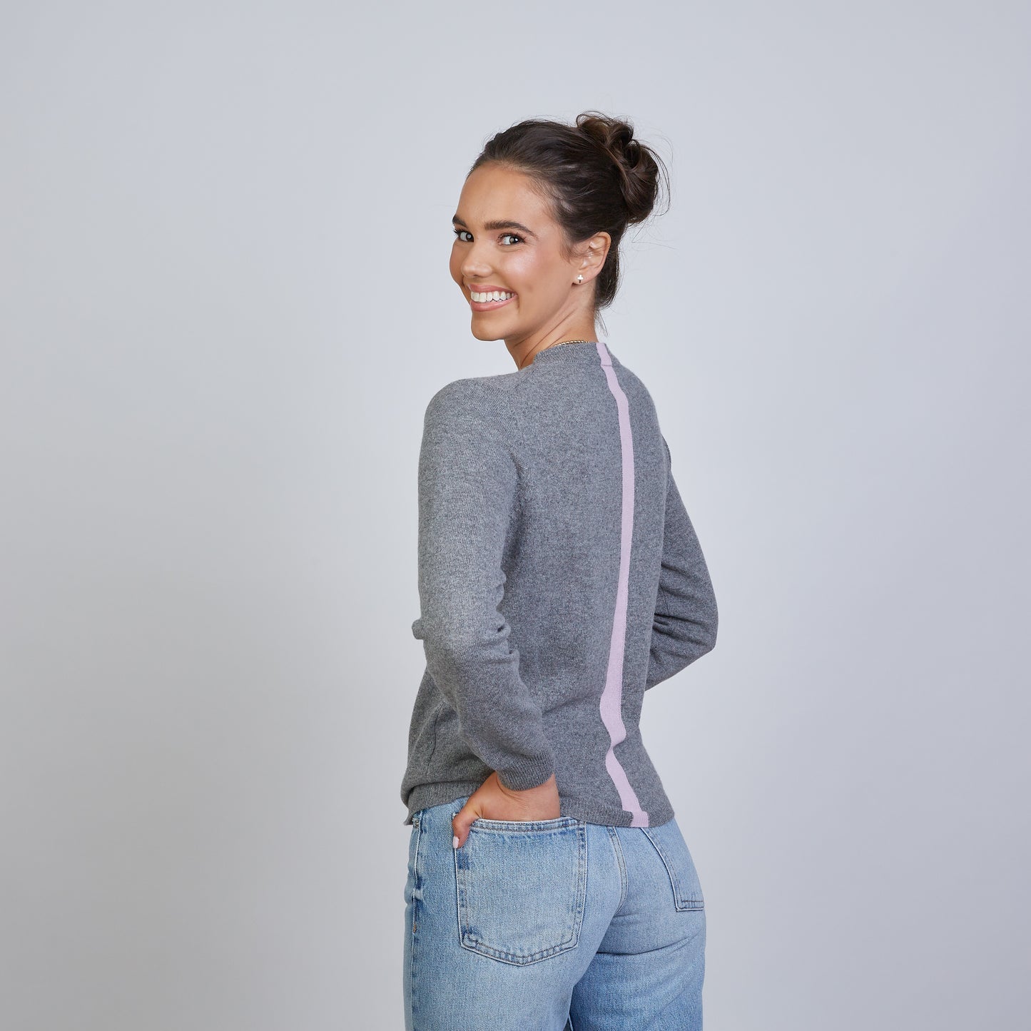 Erin Gray Highland Stripe 100% Mongolian Cashmere Sweater Gray/Lilac