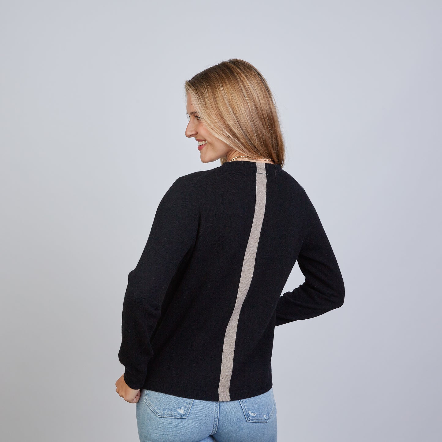 Erin Gray Highland Stripe 100% Mongolian Cashmere Sweater Black/Beige