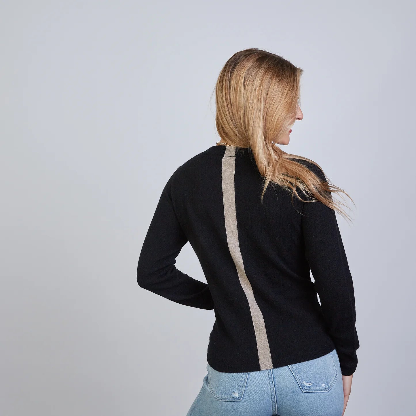 Erin Gray Highland Stripe 100% Mongolian Cashmere Sweater Black/Beige