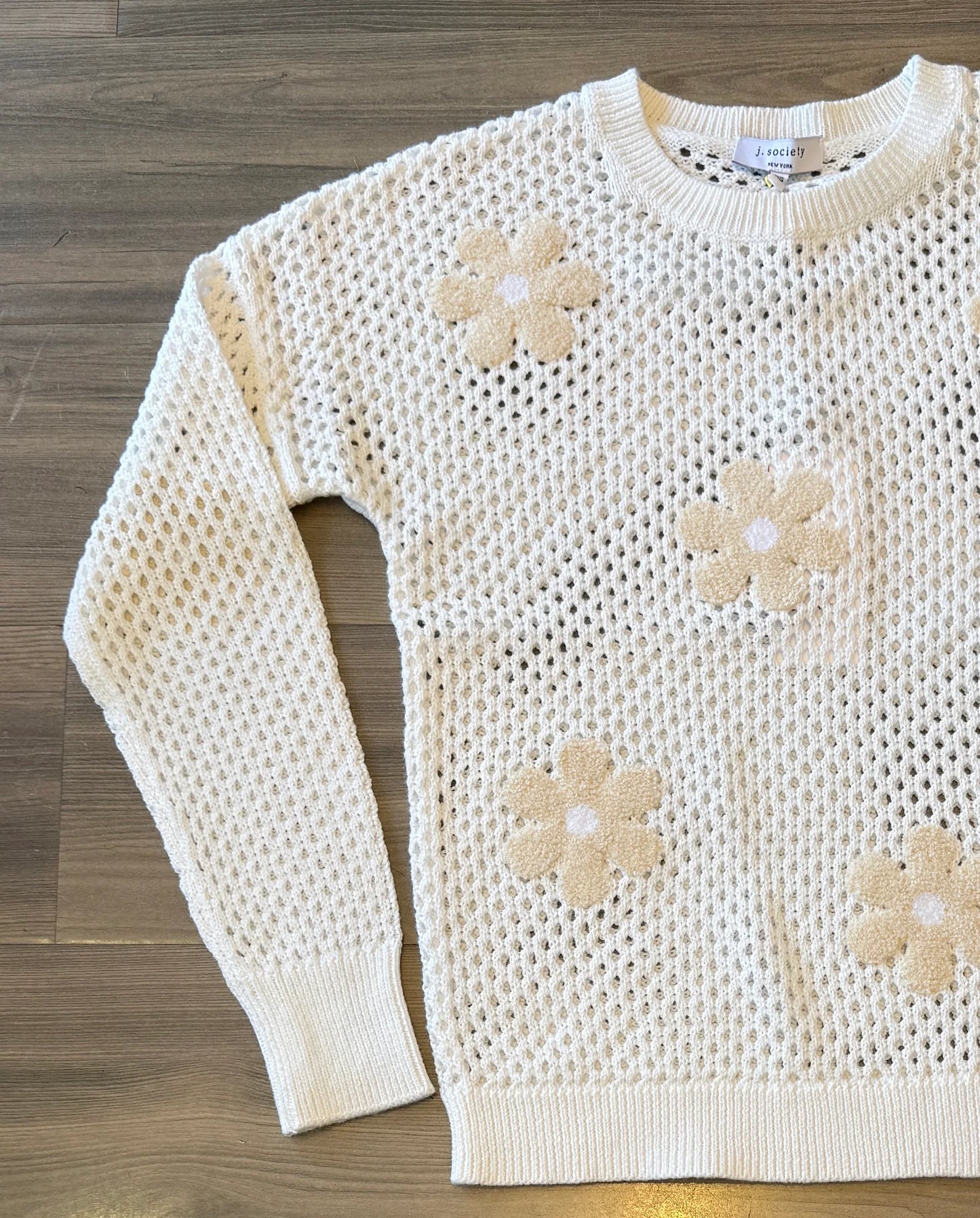 J. Society Open Stitch Flower Crew Sweater White