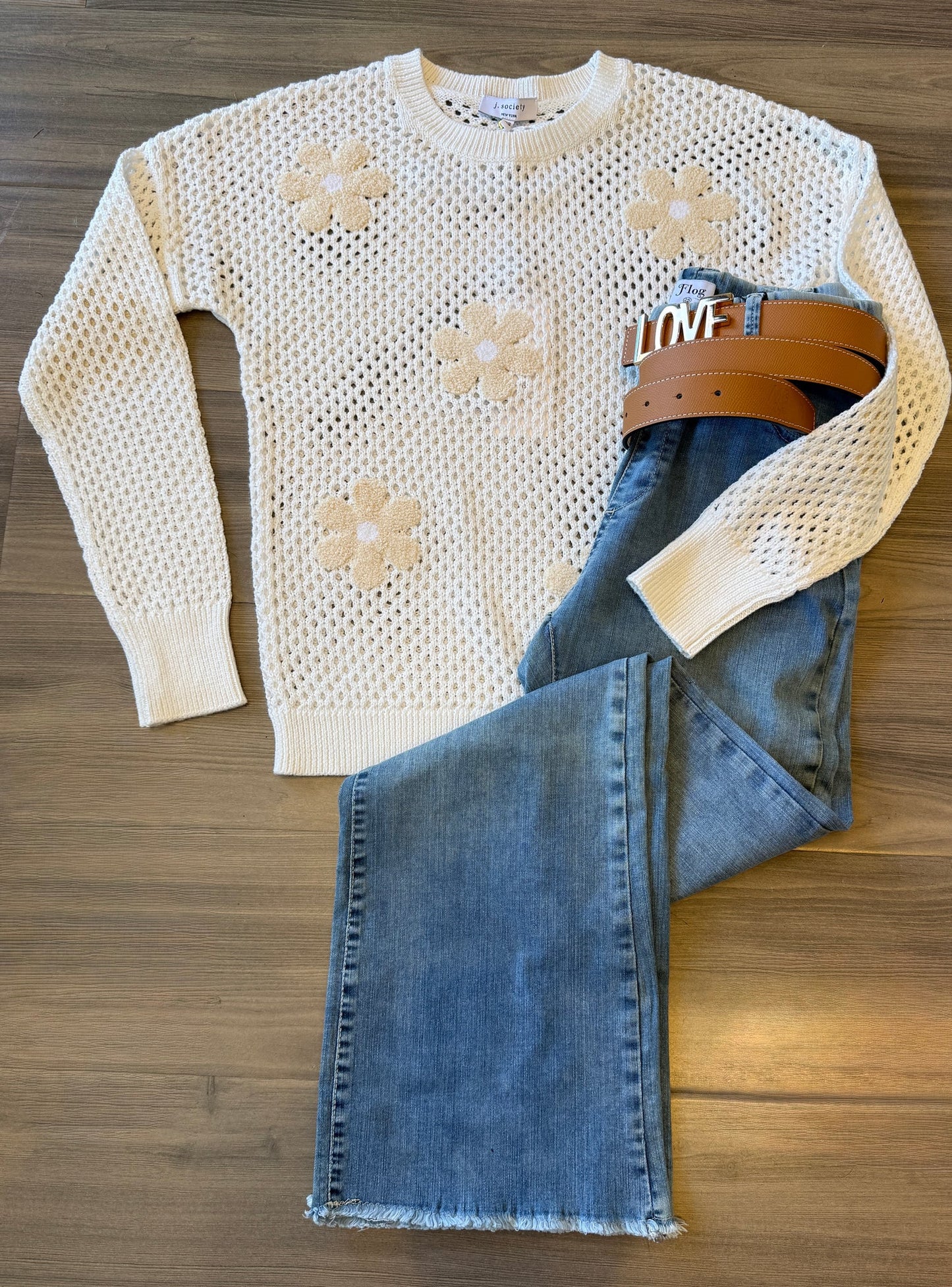 J. Society Open Stitch Flower Crew Sweater White