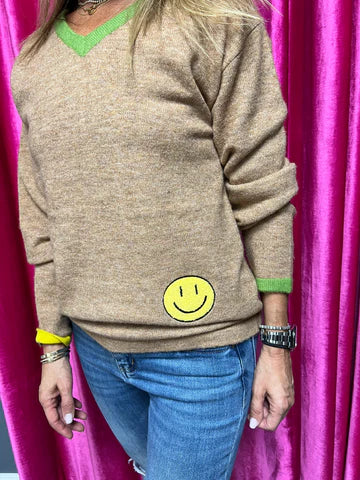 Smiley Face V-Neck Sweater Camel