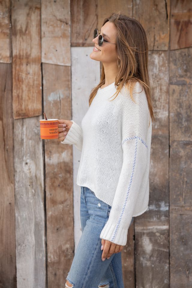 Wooden Ships Topstitch Chunky Crew Sweater - Pure Snow/Scandia Blue