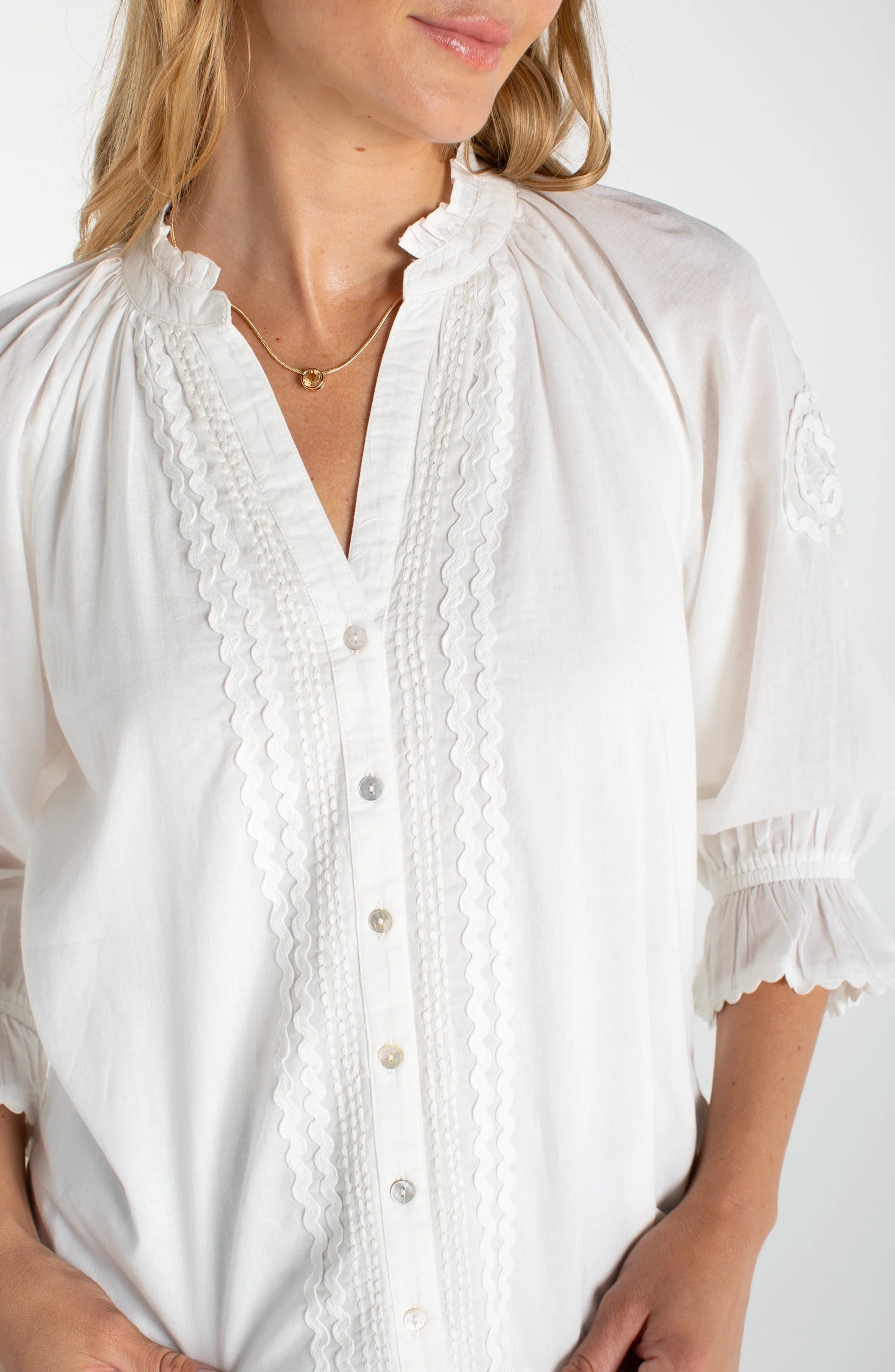 Liverpool 3/4 Sleeve Button Front Woven Top Bone