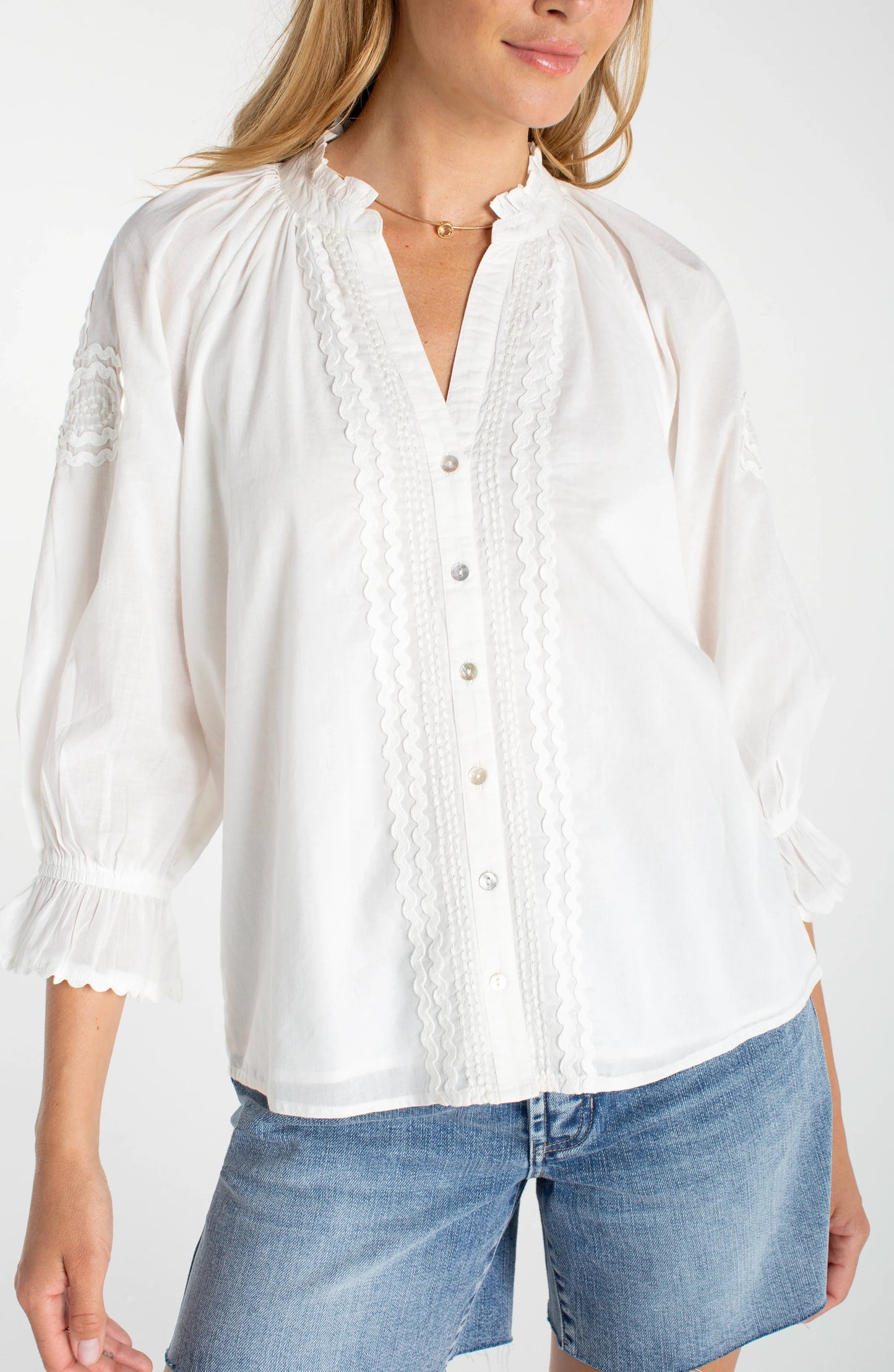 Liverpool 3/4 Sleeve Button Front Woven Top Bone