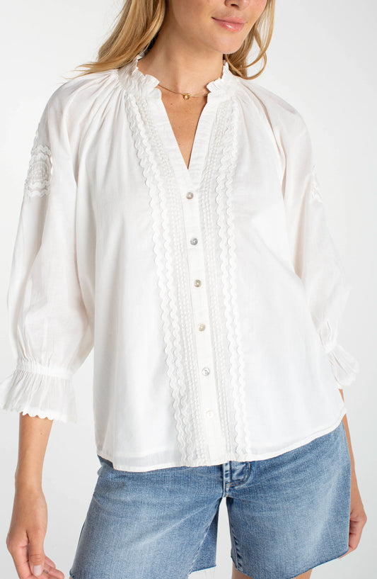 Liverpool 3/4 Sleeve Button Front Woven Top Bone