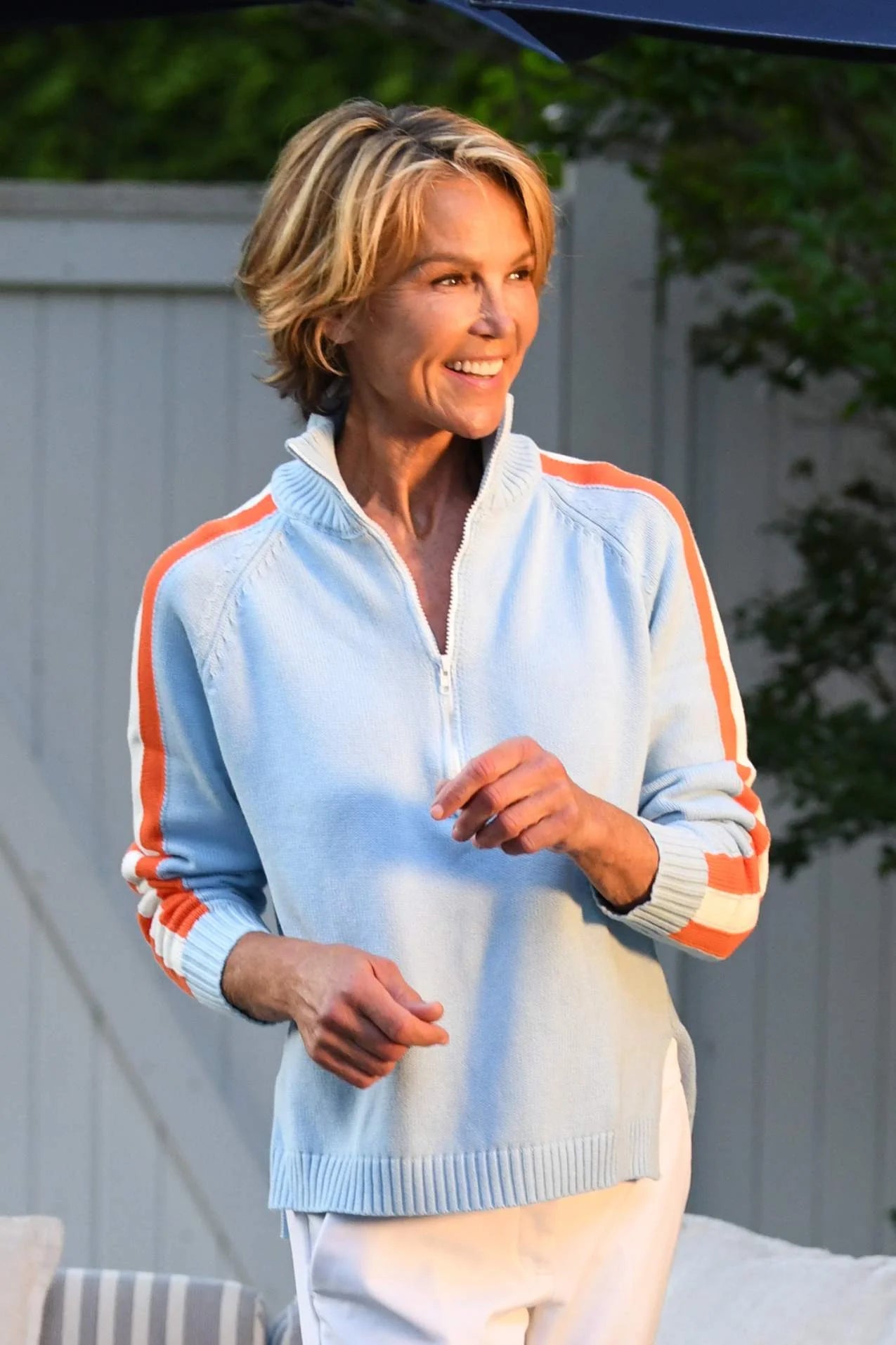 Walker & Wade Striped Half Zip Sweater Sky Blue/Orange