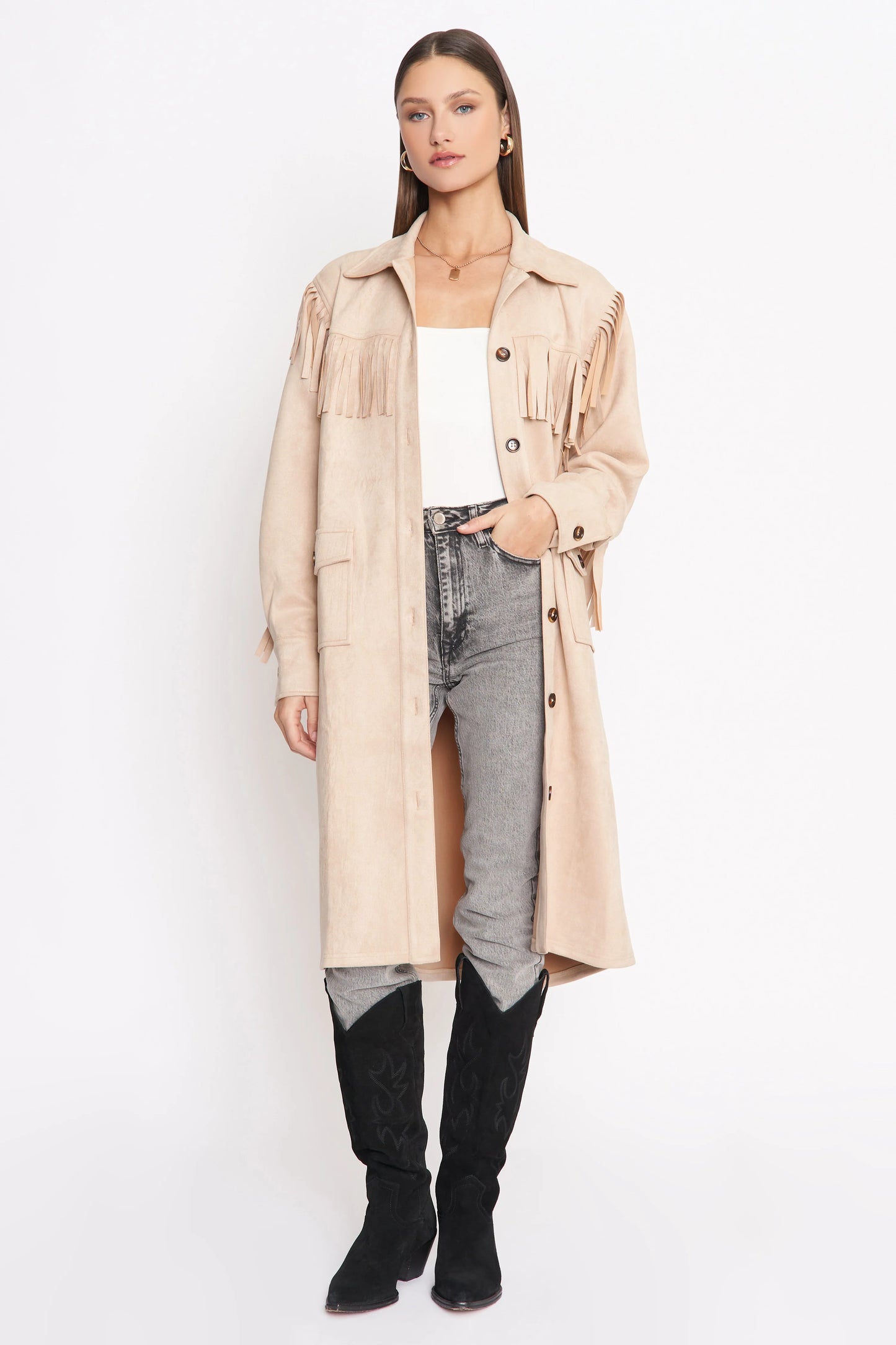 4SI3nna Trudy Fringed Faux Suede Longline Jacket