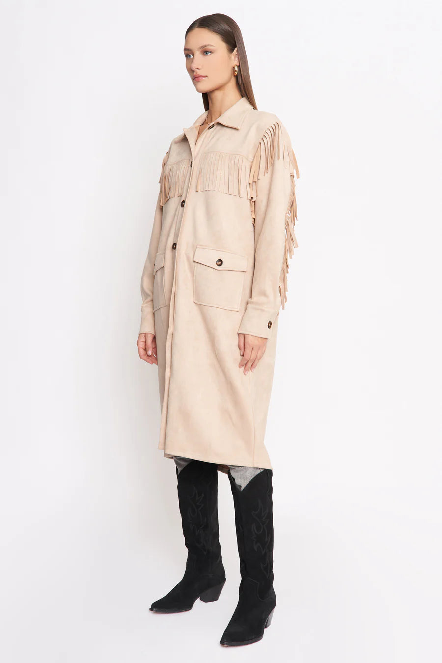 4SI3nna Trudy Fringed Faux Suede Longline Jacket