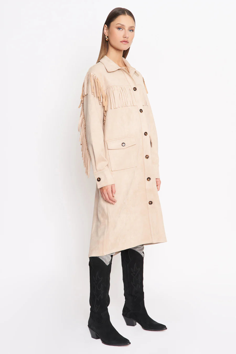4SI3nna Trudy Fringed Faux Suede Longline Jacket