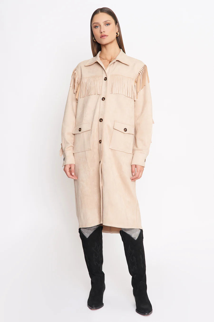 4SI3nna Trudy Fringed Faux Suede Longline Jacket