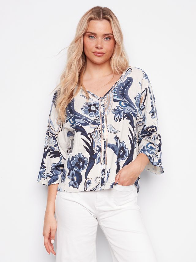 Charlie B Dolman Sleeve Paisley Blouse - Blue