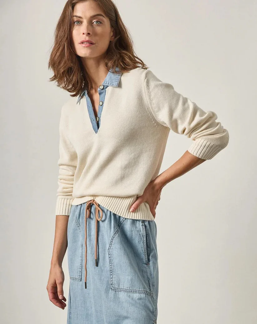 Lilla P Denim Collar Polo Sweater Off White