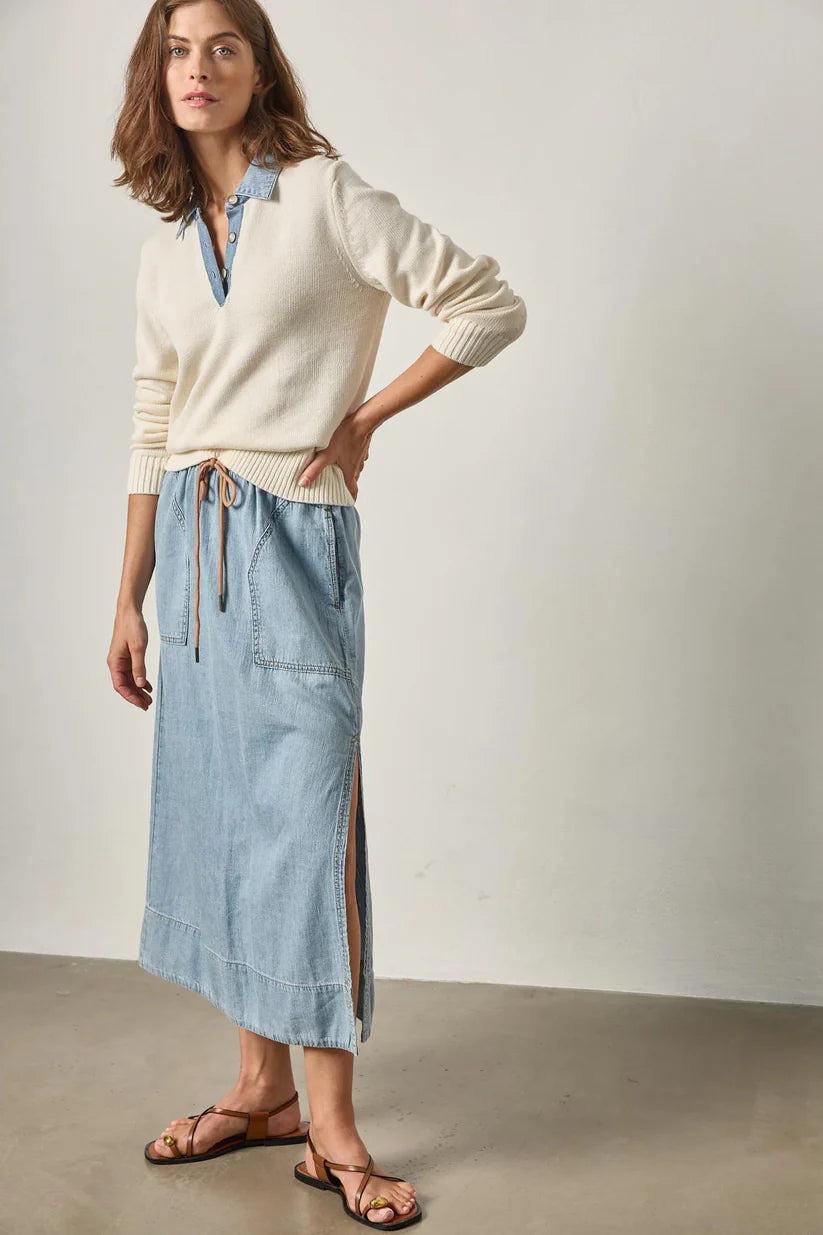 Lilla P Denim Collar Polo Sweater Off White