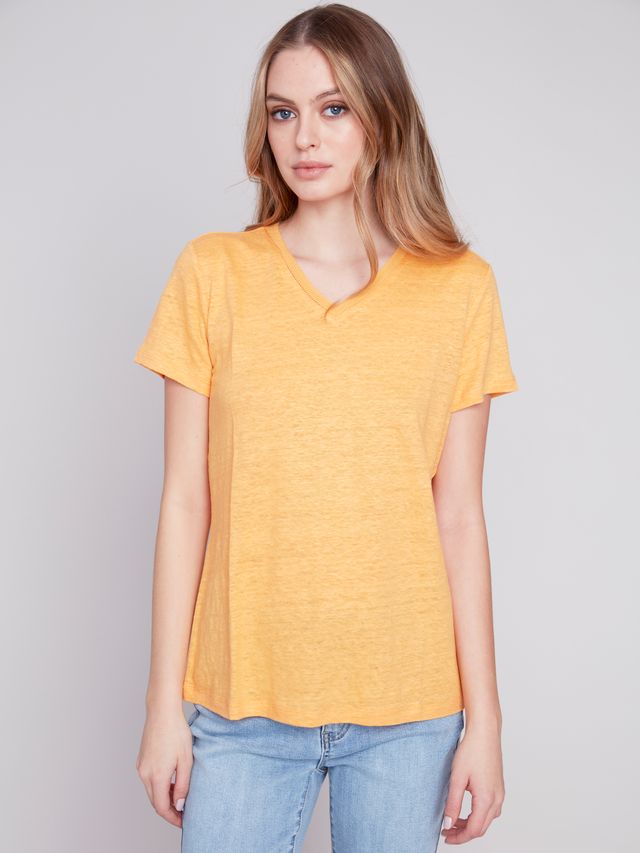 Charlie B Linen Jersey V Neck Tee Melon