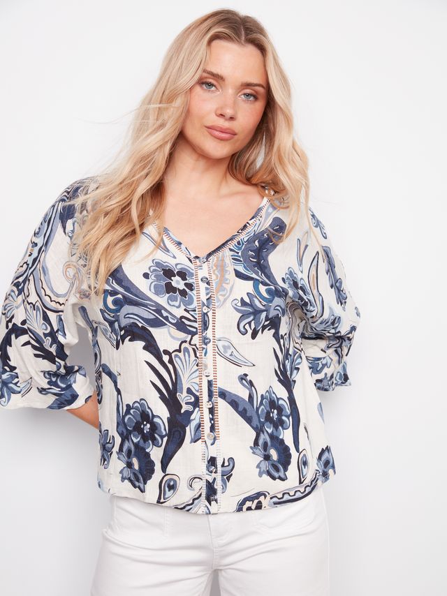 Charlie B Dolman Sleeve Paisley Blouse - Blue
