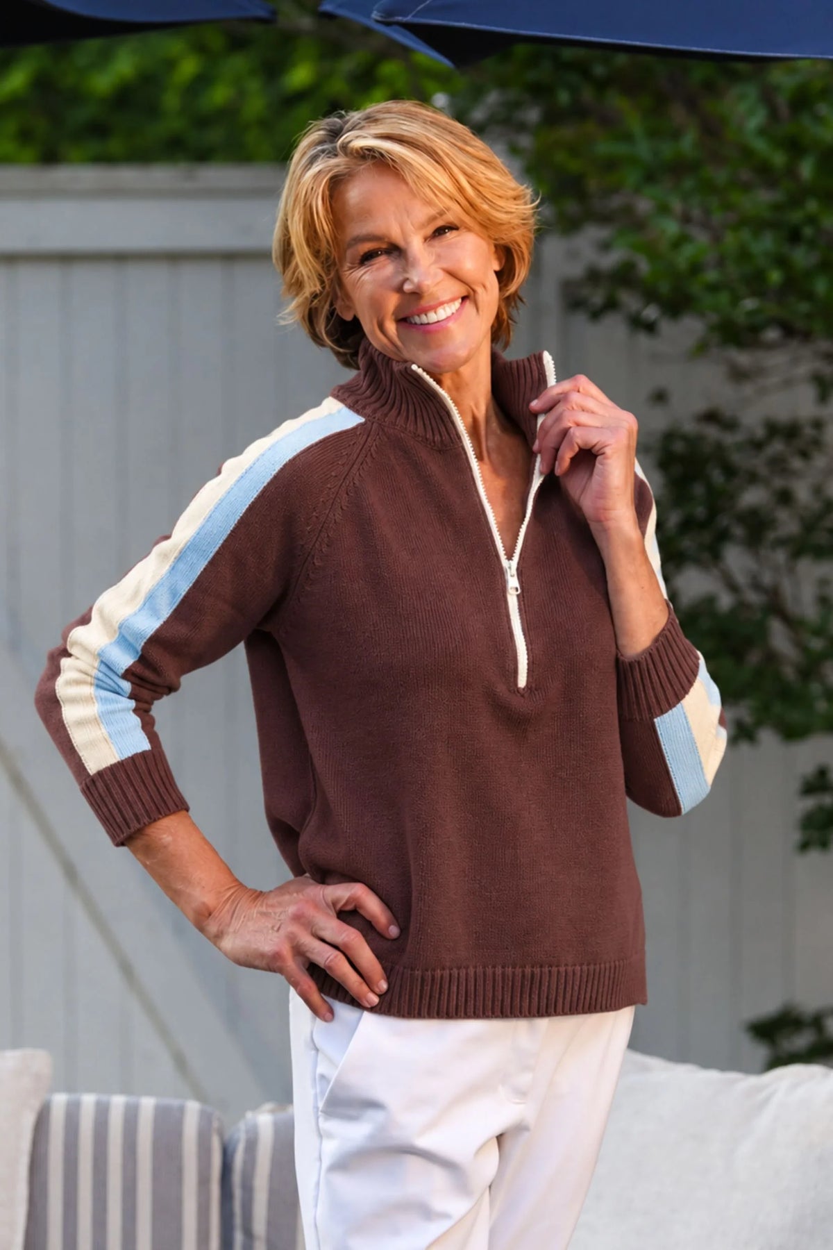 Walker & Wade Striped Half Zip Sweater Sky Blue/Cocoa