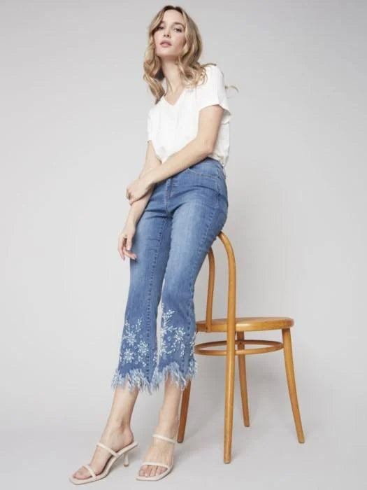 Charlie B Floral Embroidered Feather & Pearl Hem Jeans