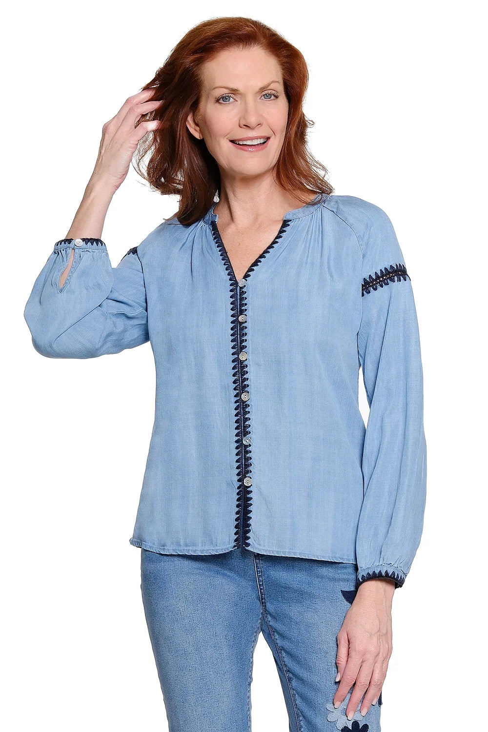 Tru Lux Crochet Trimmed Button Up | Light Blue