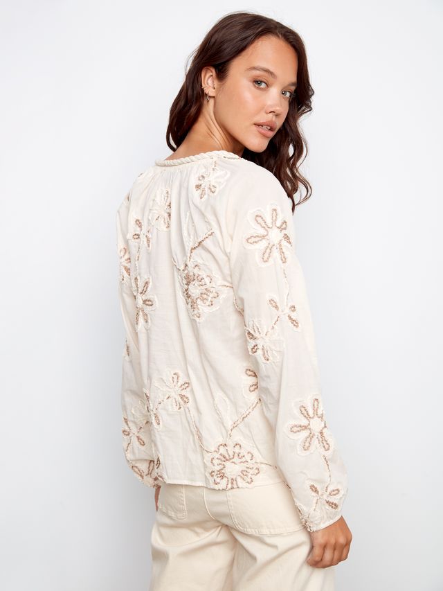 Charlie B Embroidered Raglan Long Sleeve Blouse - Ecru