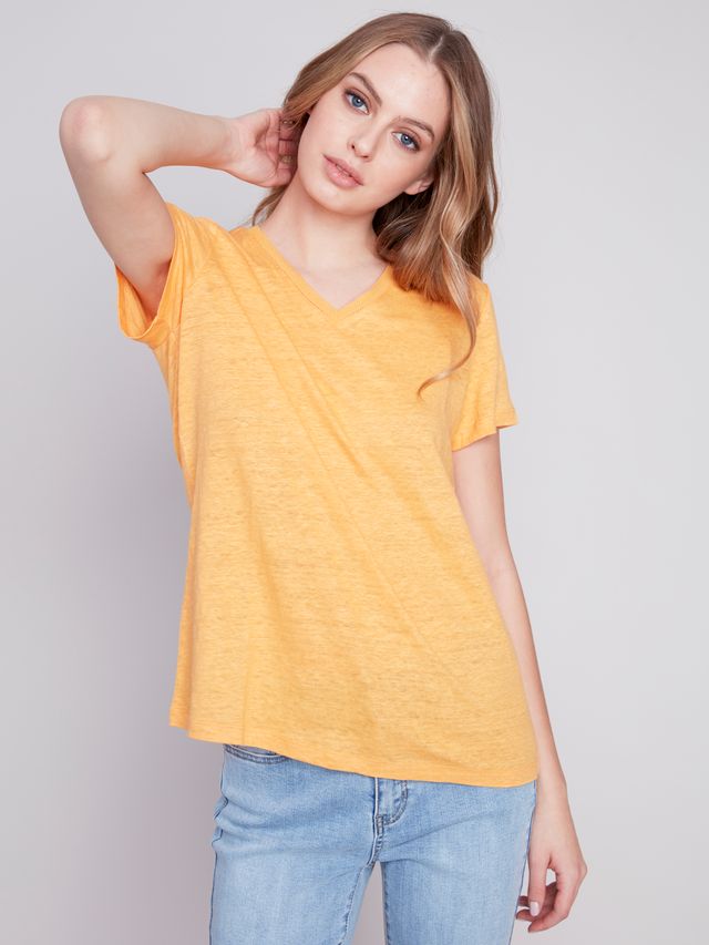 Charlie B Linen Jersey V Neck Tee Melon